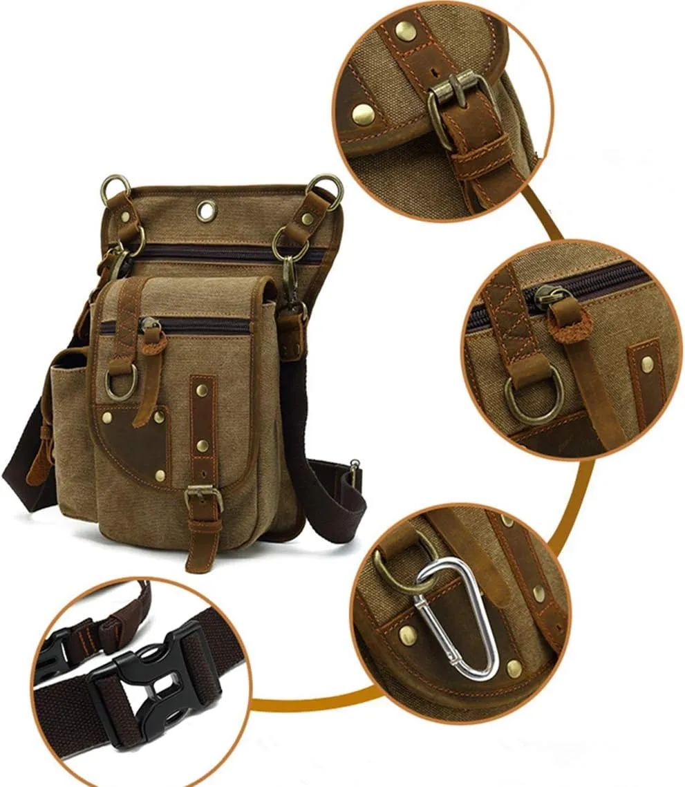 AUGU Canvas Drop Leg Bag Tactical Thigh Outdoor Waist Pack for Men Women Military Cycling Multi-Pocket Waist Fanny Pouch Daypack, Coffee, Medium