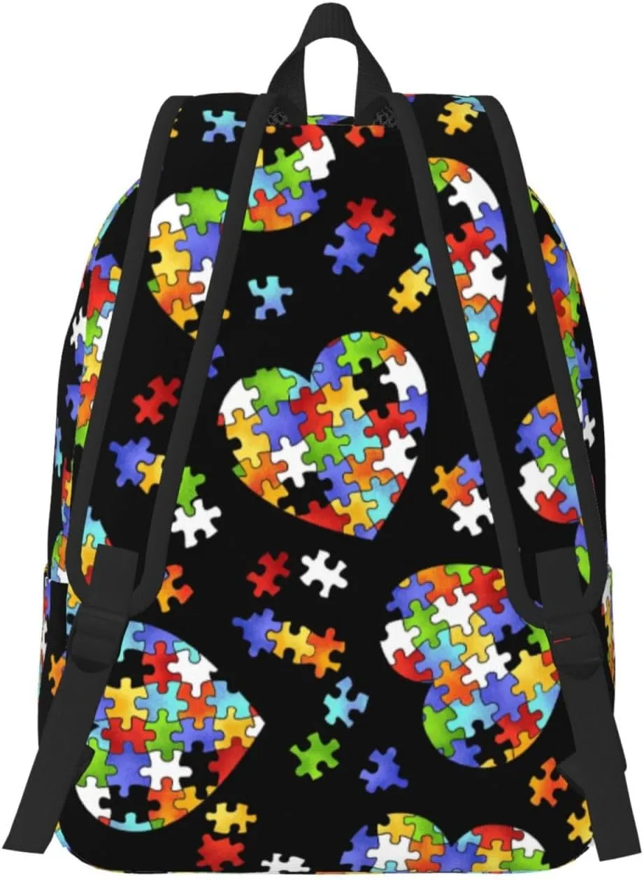 Autism Awareness Puzzle Pieces Heart Canvas Casual Lightweight Duffel Bag, Fashion Duffel Bag, Unisex Travel Backpack