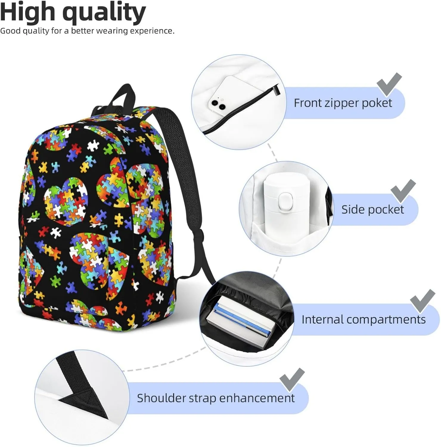 Autism Awareness Puzzle Pieces Heart Canvas Casual Lightweight Duffel Bag, Fashion Duffel Bag, Unisex Travel Backpack