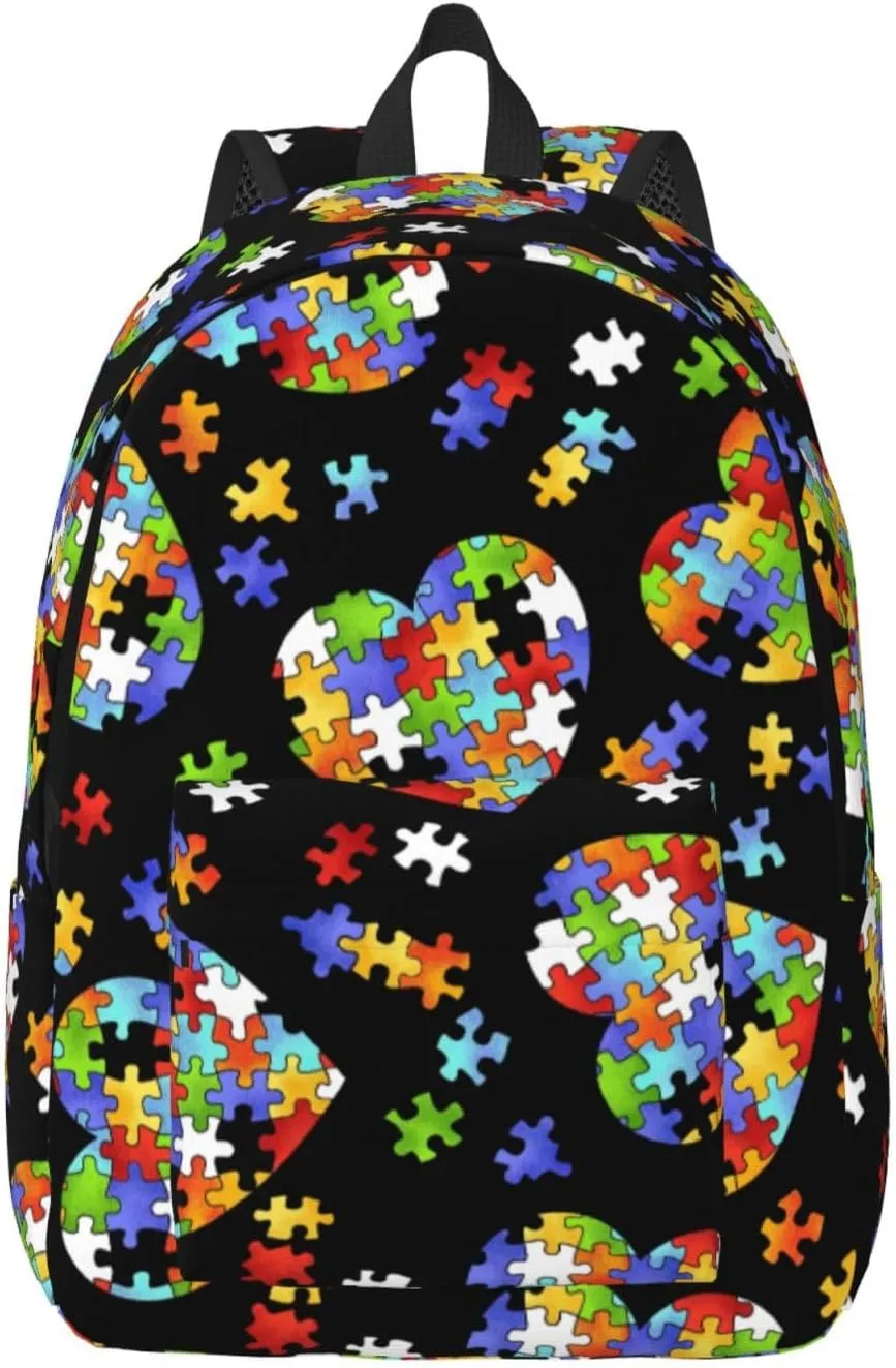 Autism Awareness Puzzle Pieces Heart Canvas Casual Lightweight Duffel Bag, Fashion Duffel Bag, Unisex Travel Backpack