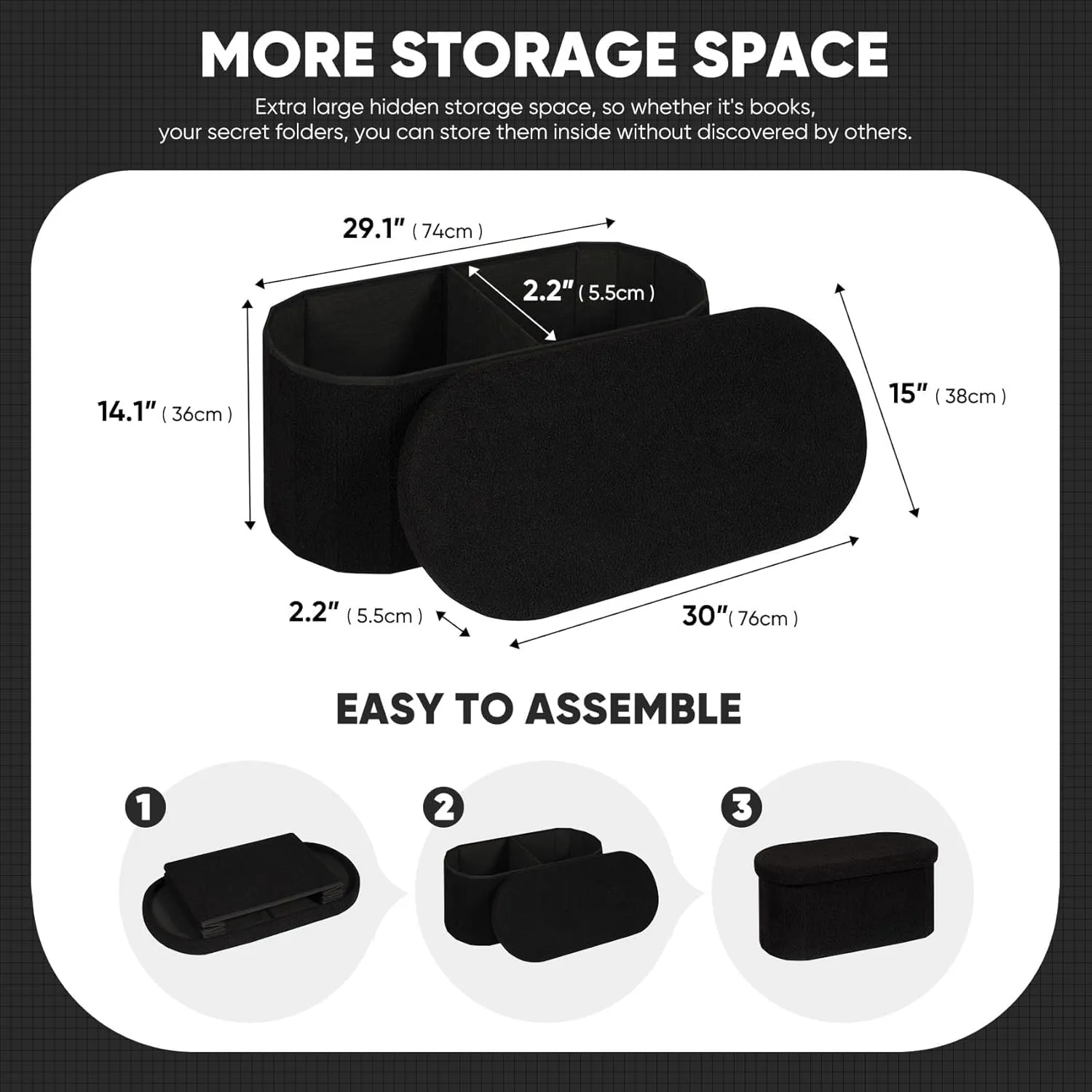 B FSOBEIIALEO Ottoman with Storage for Living Room, Sherpa Folding Storage Ottoman Foot Rest, 30 Inches Collapsible Bedroom Bench Black