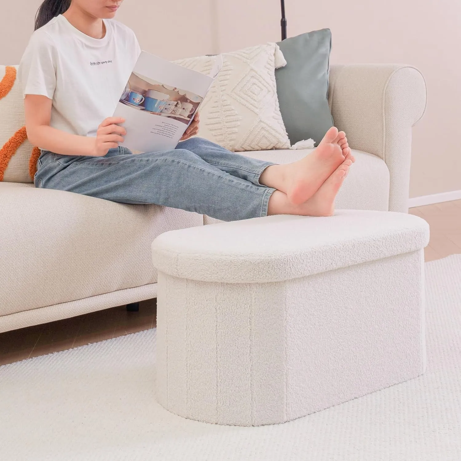 B FSOBEIIALEO Ottoman with Storage for Living Room, Sherpa Folding Storage Ottoman Foot Rest, 30 Inches Collapsible Bedroom Bench White