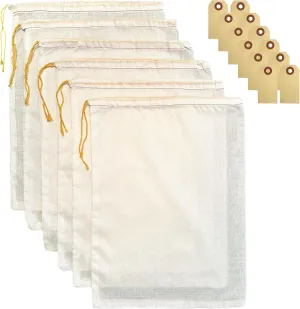 B53 12" x 16" 100% Pack of 6 Cotton Storage Bags with 12 Paper Tags - White, Drawstring Closure, Multipurpose Reusable Produce & Garment Bags for Travel & Organization