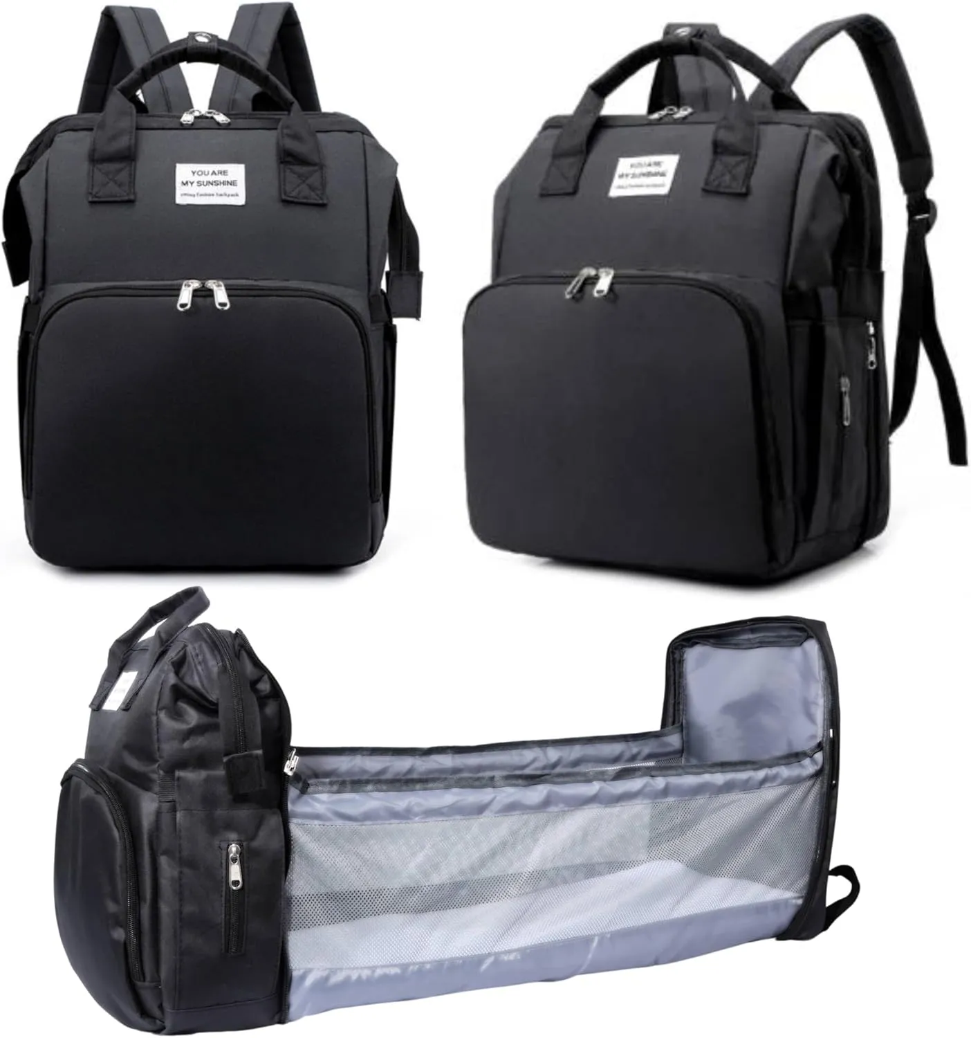 Baby Diaper Bag Backpack - Large Capacity Diaper Changing Station For Mom Dads, Waterproof Nylon Travel Diaper Tote With Portable Changing Pad- Black
