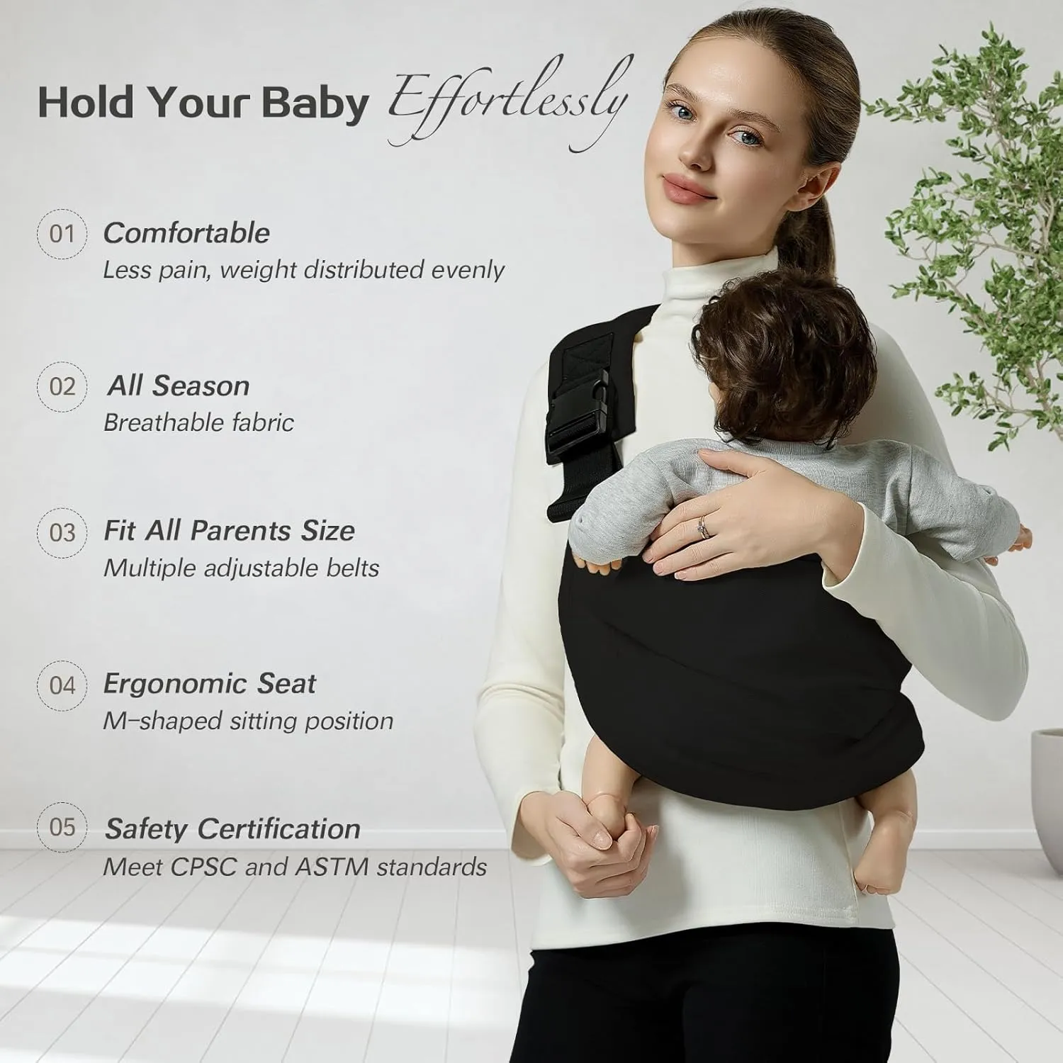 Baby Sling Carrier, Toddler Carrier Sling with Double Safety Buckle and Adjustable Shoulder Strap, Baby Carrier One Size Fits All, Black