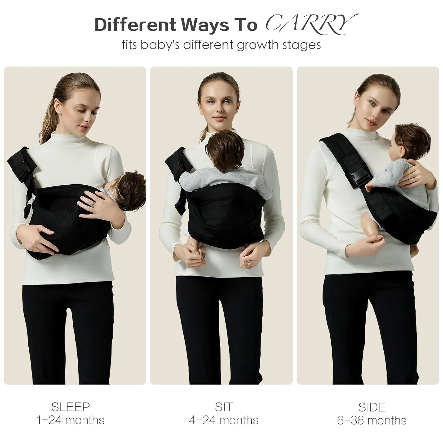 Baby Sling Carrier, Toddler Carrier Sling with Double Safety Buckle and Adjustable Shoulder Strap, Baby Carrier One Size Fits All, Black