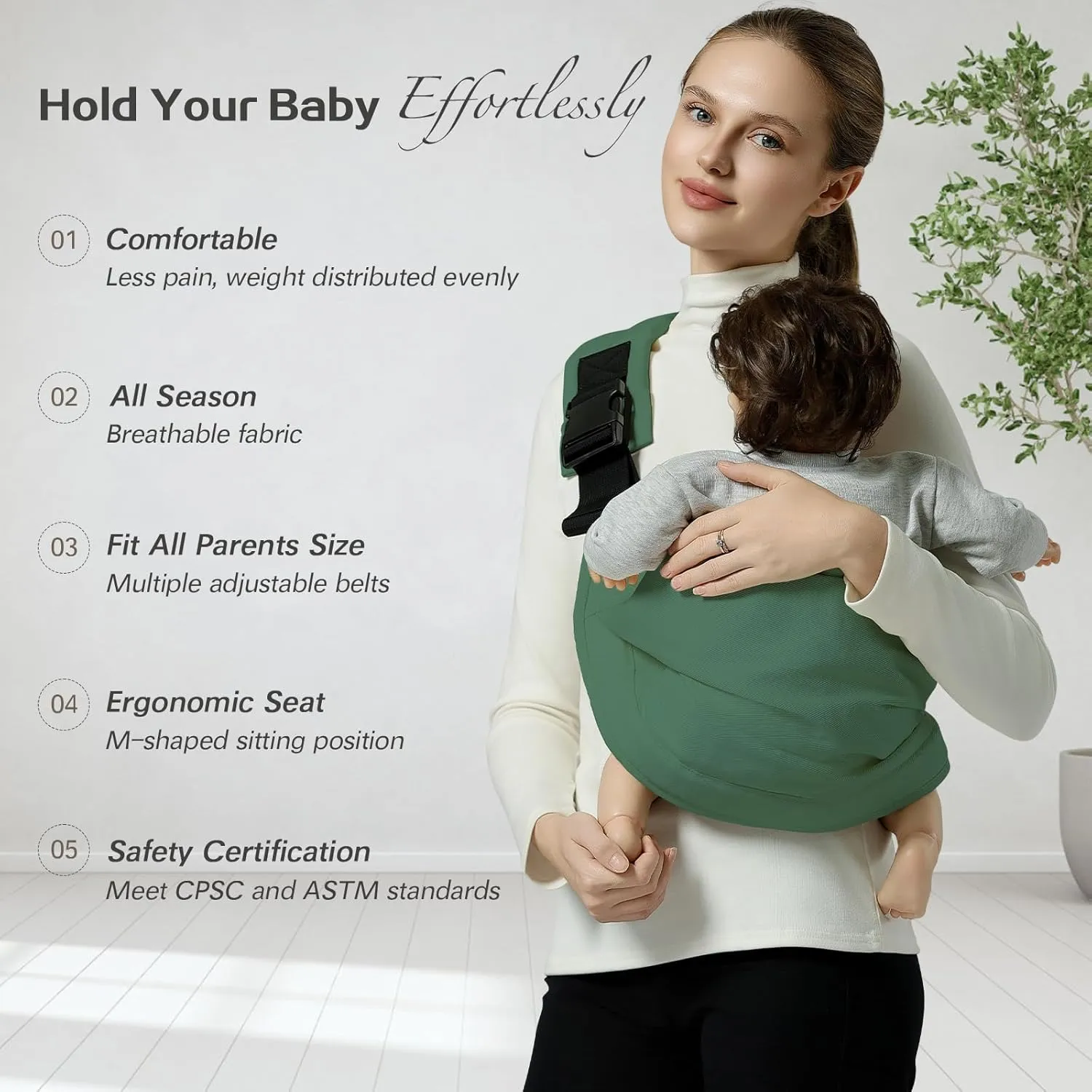Baby Sling Carrier, Toddler Carrier Sling with Double Safety Buckle and Adjustable Shoulder Strap, Baby Carrier One Size Fits All, Dark Green