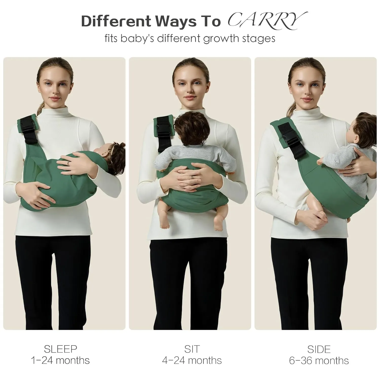 Baby Sling Carrier, Toddler Carrier Sling with Double Safety Buckle and Adjustable Shoulder Strap, Baby Carrier One Size Fits All, Dark Green