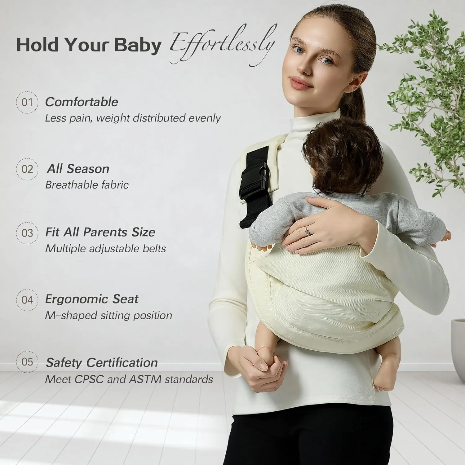 Baby Sling Carrier, Toddler Carrier Sling with Double Safety Buckle and Adjustable Shoulder Strap, Beige