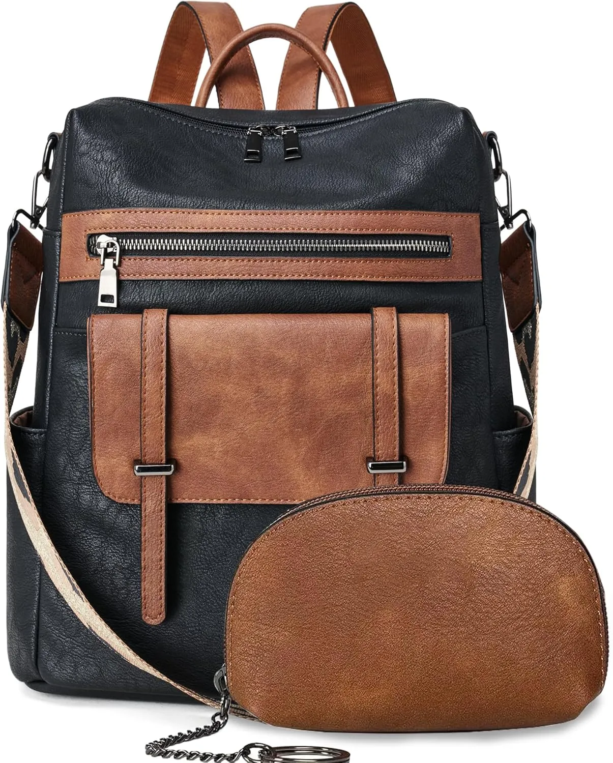 Backpack Purse for Women Fashion Designer Travel Backpack Convertible Casual Daypack with Wristlet (1-6 Black with Brown)