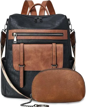 Backpack Purse for Women Fashion Designer Travel Backpack Convertible Casual Daypack with Wristlet (1-6 Black with Brown)