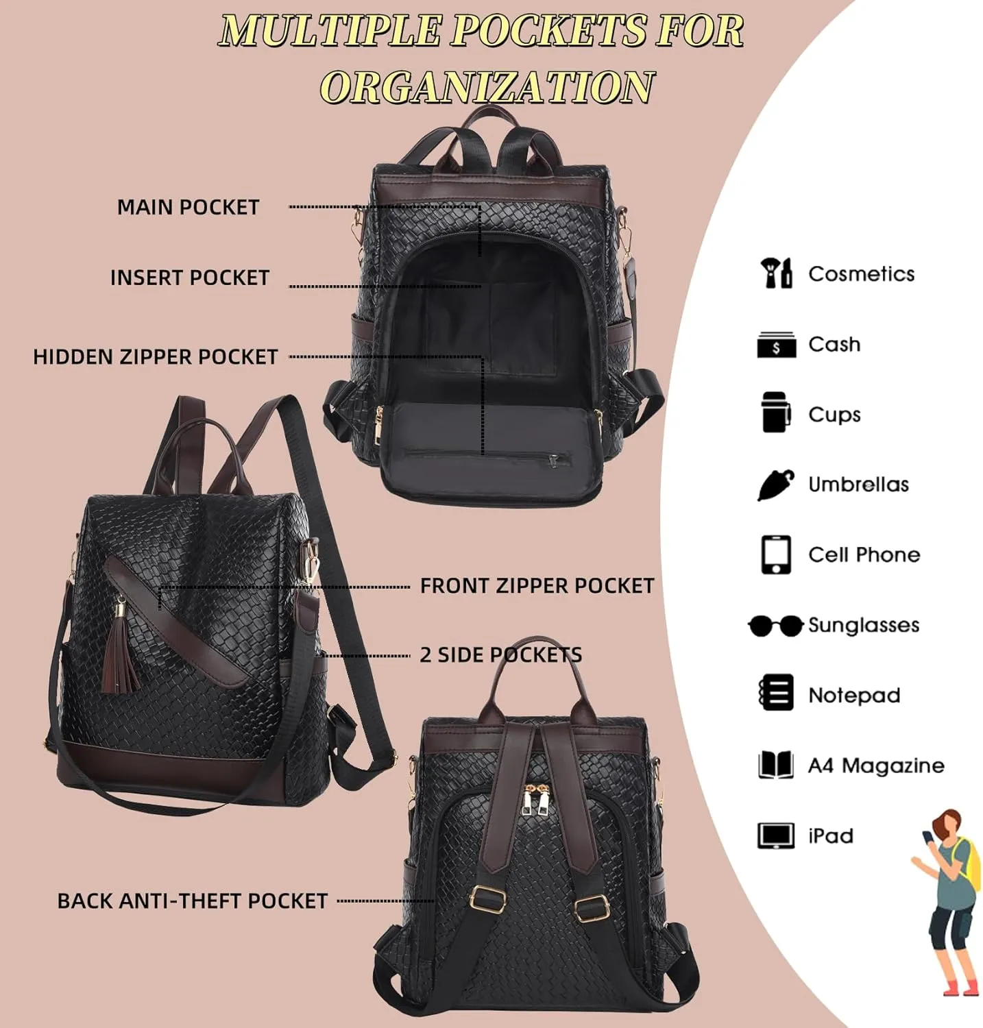 Backpack Purse for Women Leather Anti-theft Shoulder Bags Fashion Convertible Lightweight Travel Bag Women's Handbag (black)