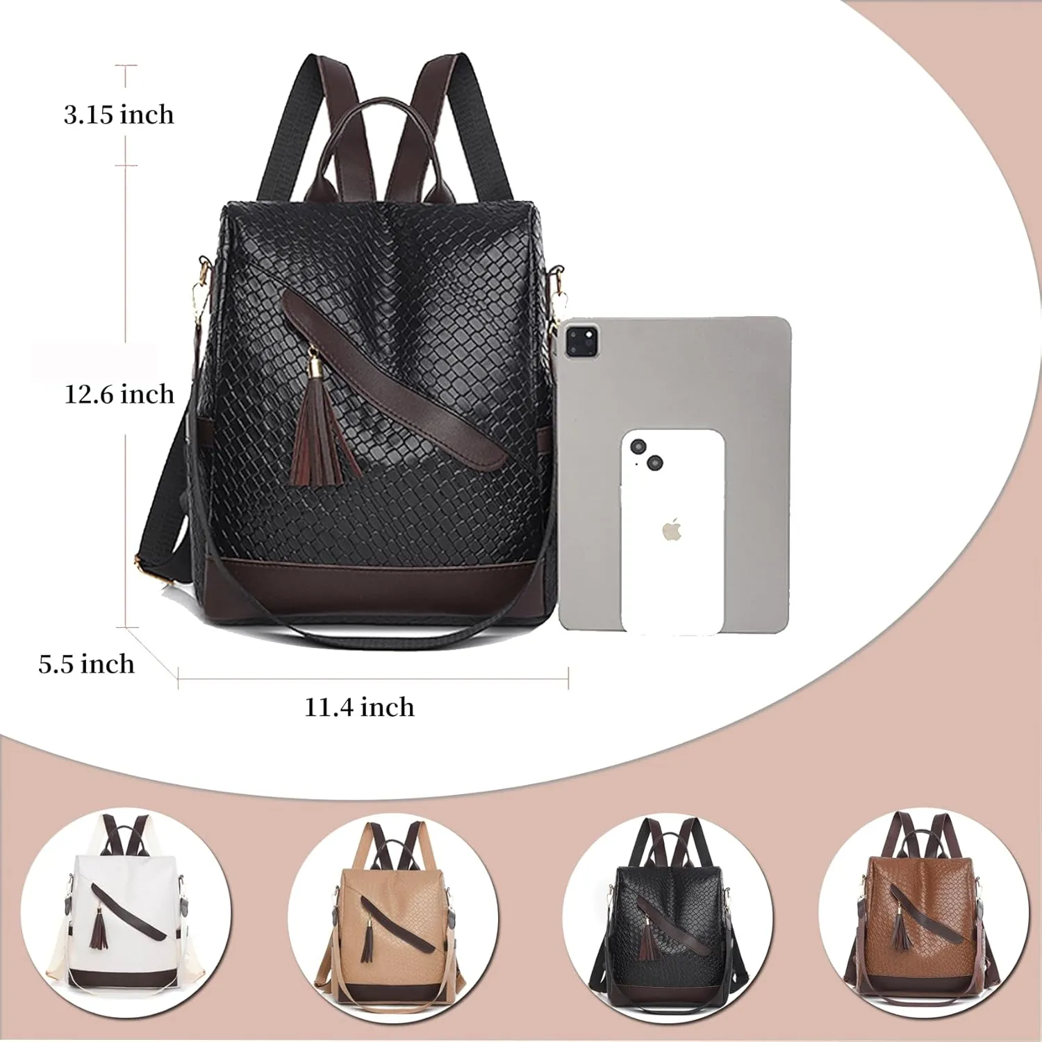 Backpack Purse for Women Leather Anti-theft Shoulder Bags Fashion Convertible Lightweight Travel Bag Women's Handbag (black)