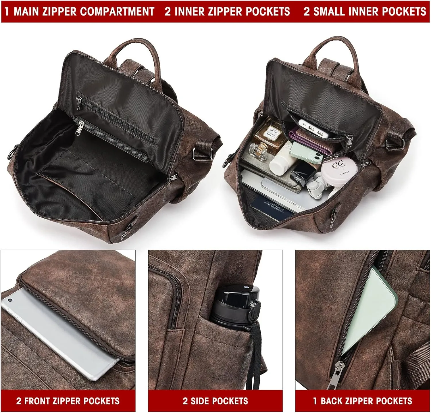 Backpack Purse for Women Leather Convertible Travel Backpack Fashion Designer Large Shoulder Bags