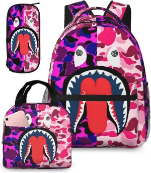 Backpack Shark Teeth Camo Backpacks Set with Lunch Box Pencil Case Travel Laptop Daypack Big Capacity Bookbag Fashion Durable Back Pack PINK