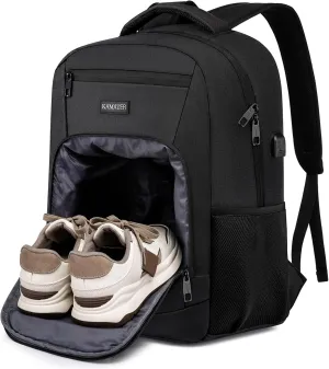 Backpack with Shoes Compartment, Travel Laptop Backpack for Men Women, Stylish Workout Sport Bag for Yoga, Casual Weekender Carry On for Flight, College, Outdoor, 17.3 inch Black