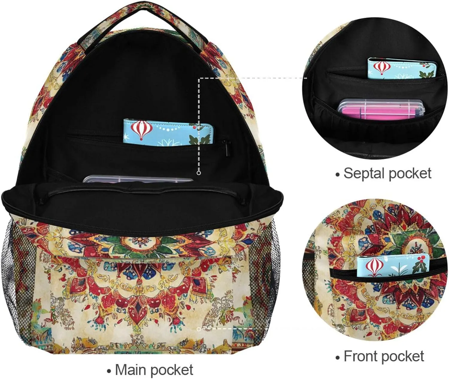 Backpacks for Women Men Waterproof Stylish Travel Bags with Chest Strap Gift Men & Women Bohemian Boho Vintage Mandala Style Flower