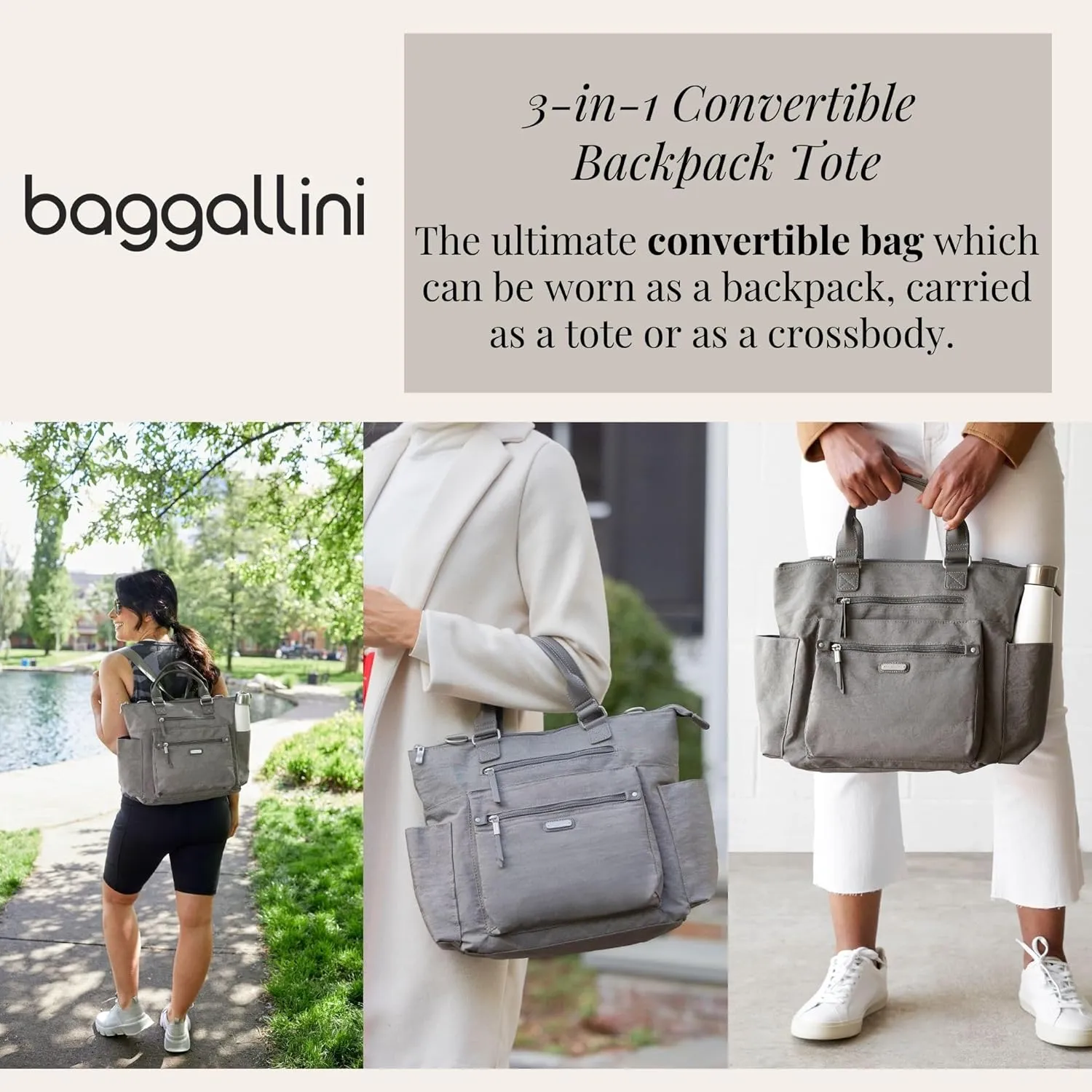 Baggallini 3-in-1 Convertible Backpack Handbag 15x12 Lightweight Travel Bag Crossbody Zippered Tote W/RFID Phone Wristlet