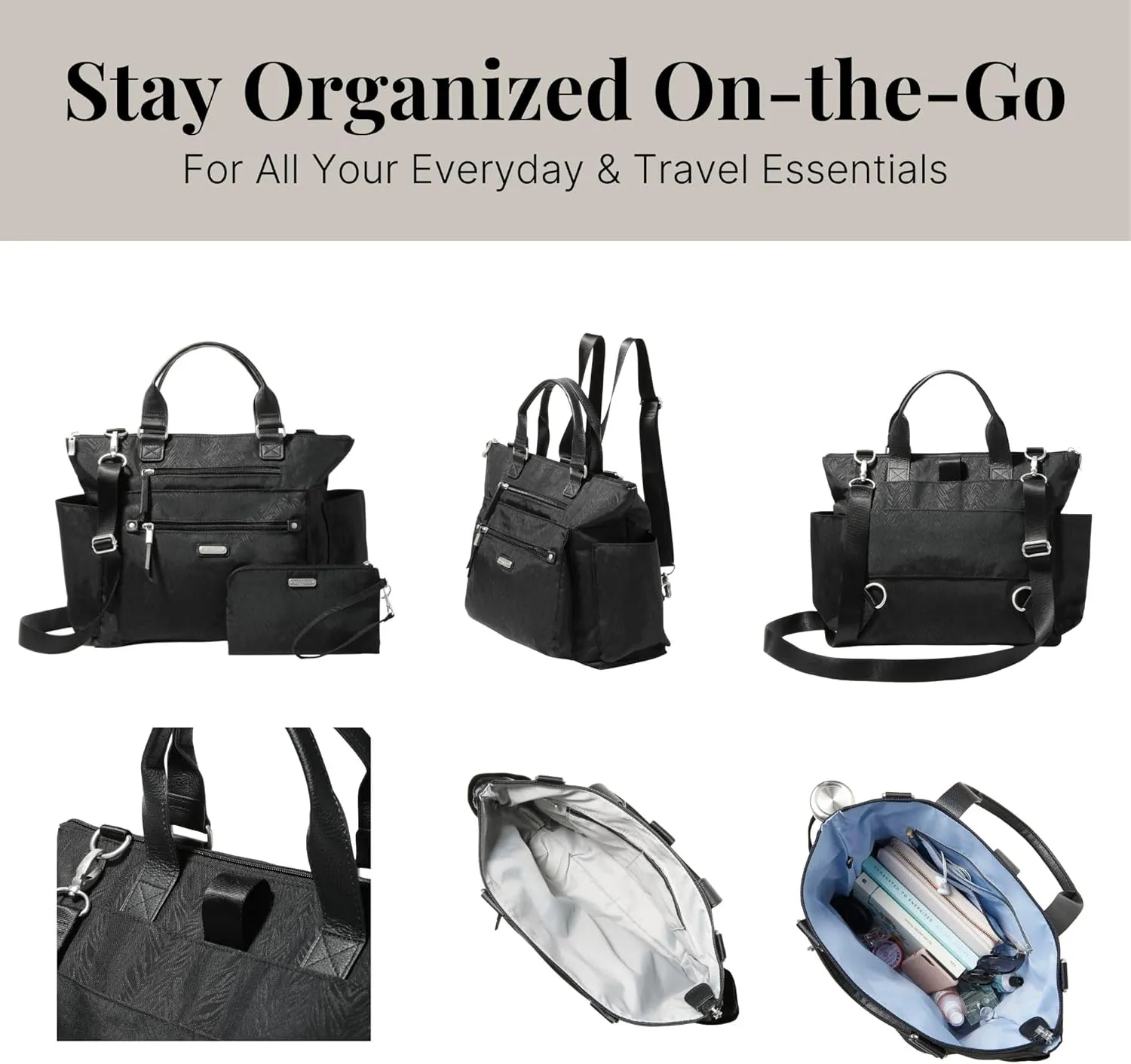 Baggallini 3-in-1 Convertible Backpack Handbag 15x12 Lightweight Travel Bag Crossbody Zippered Tote W/RFID Phone Wristlet