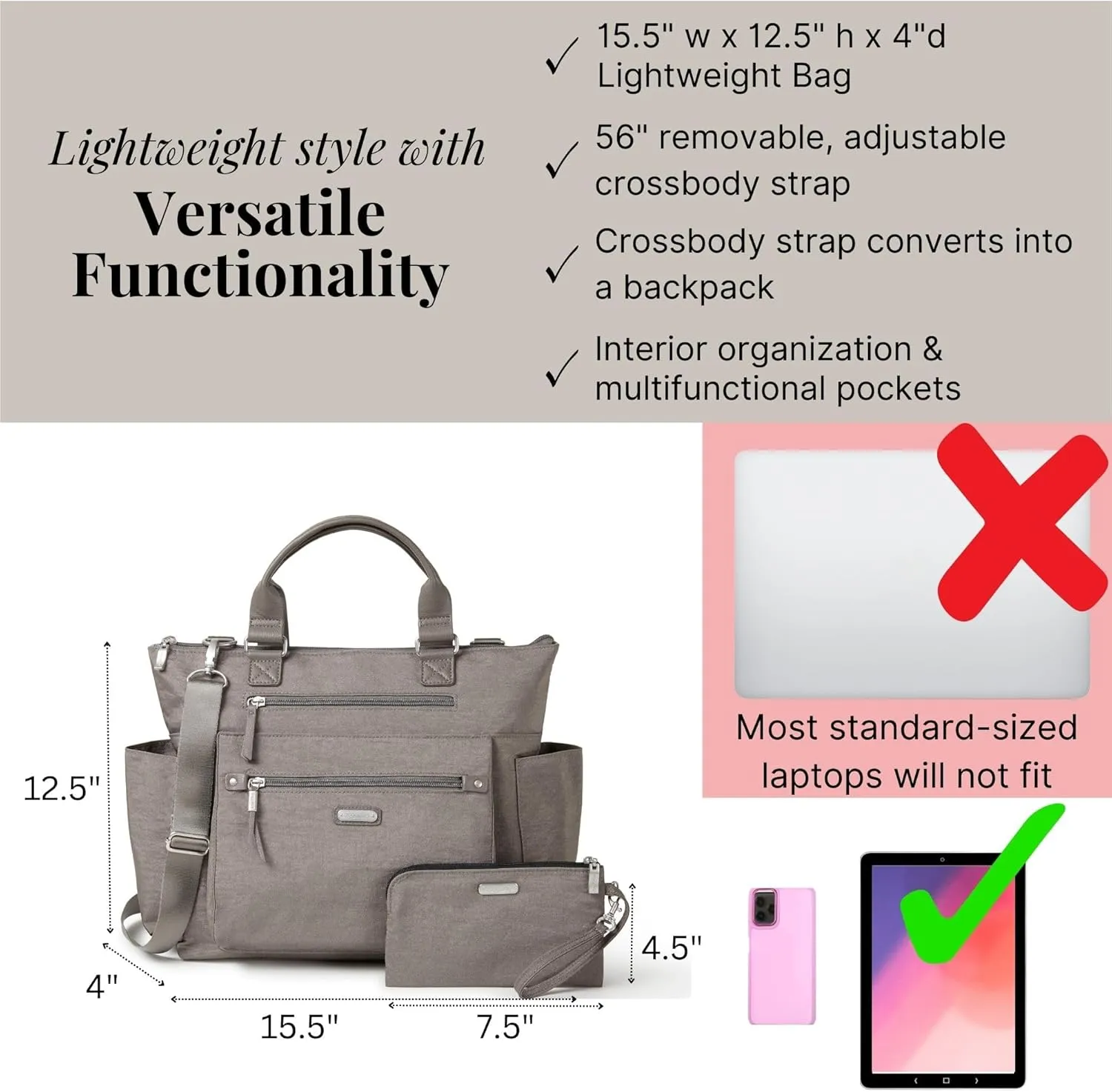 Baggallini 3-in-1 Convertible Backpack Handbag 15x12 Lightweight Travel Bag Crossbody Zippered Tote W/RFID Phone Wristlet