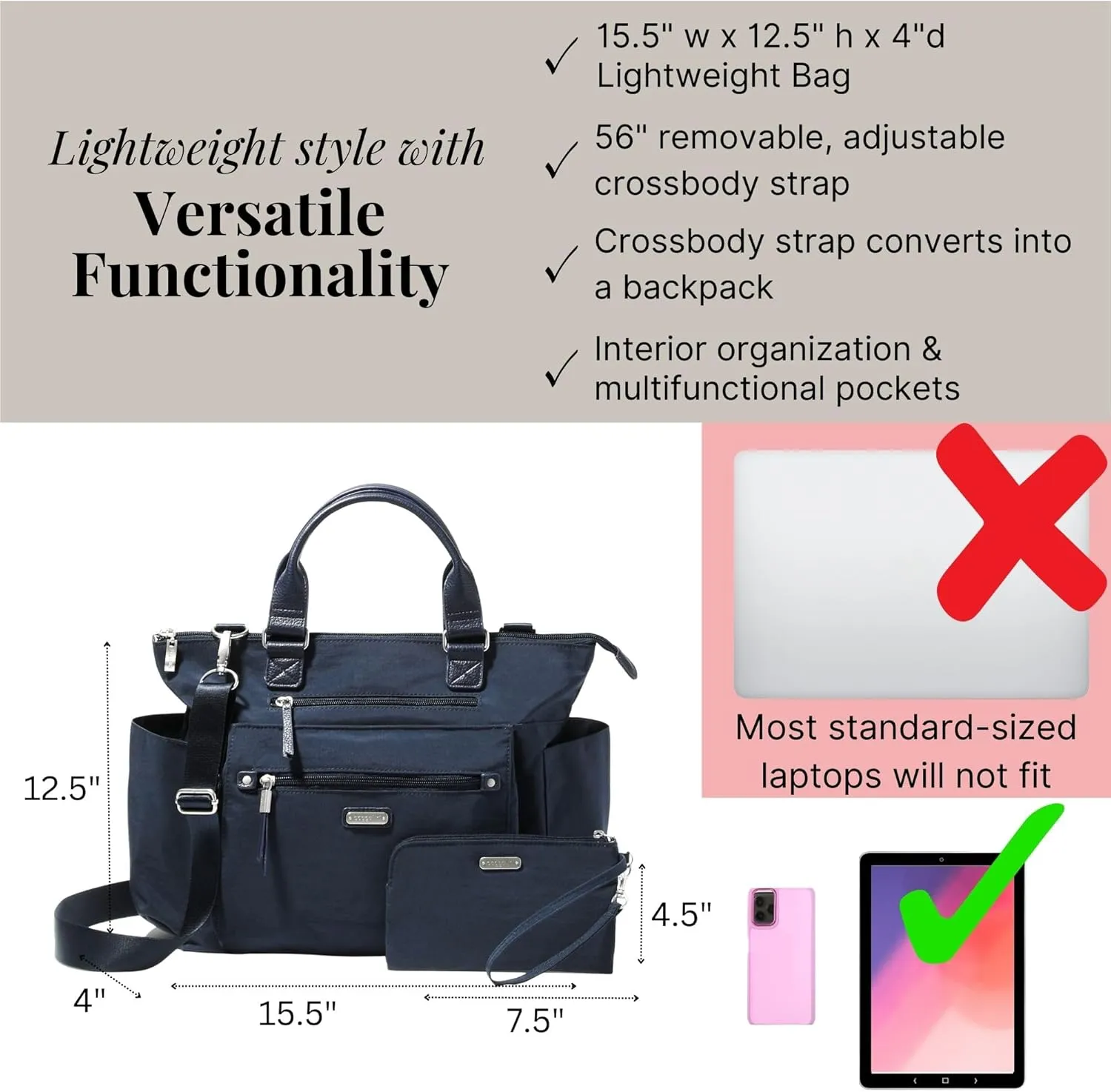 Baggallini 3-in-1 Convertible Backpack Handbag 15x12 Lightweight Travel Bag Crossbody Zippered Tote W/RFID Phone Wristlet