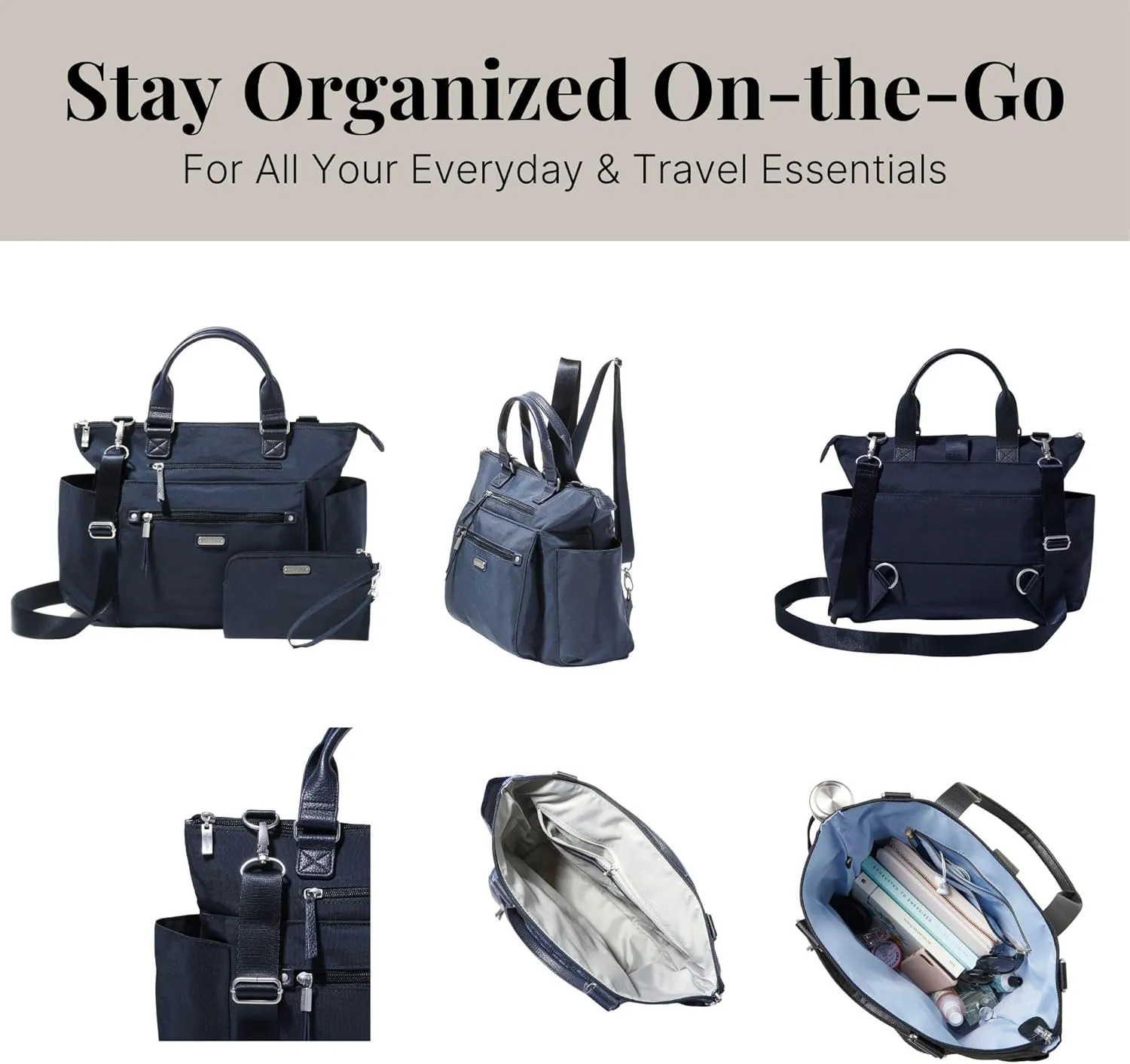 Baggallini 3-in-1 Convertible Backpack Handbag 15x12 Lightweight Travel Bag Crossbody Zippered Tote W/RFID Phone Wristlet