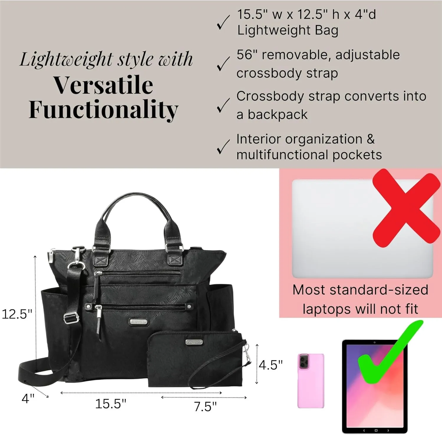Baggallini 3-in-1 Convertible Backpack Handbag 15x12 Lightweight Travel Bag Crossbody Zippered Tote W/RFID Phone Wristlet