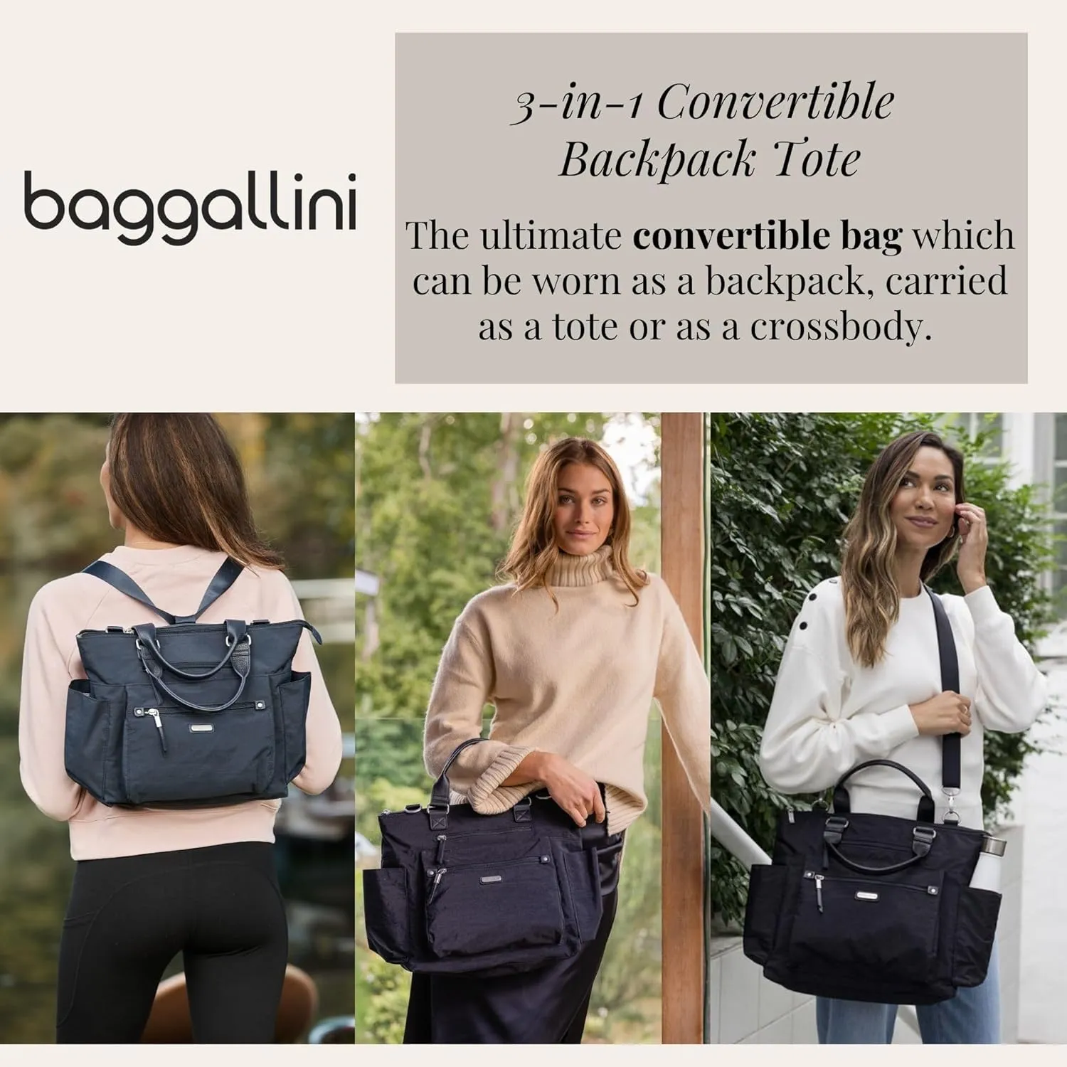 Baggallini 3-in-1 Convertible Backpack Handbag 15x12 Lightweight Travel Bag Crossbody Zippered Tote W/RFID Phone Wristlet