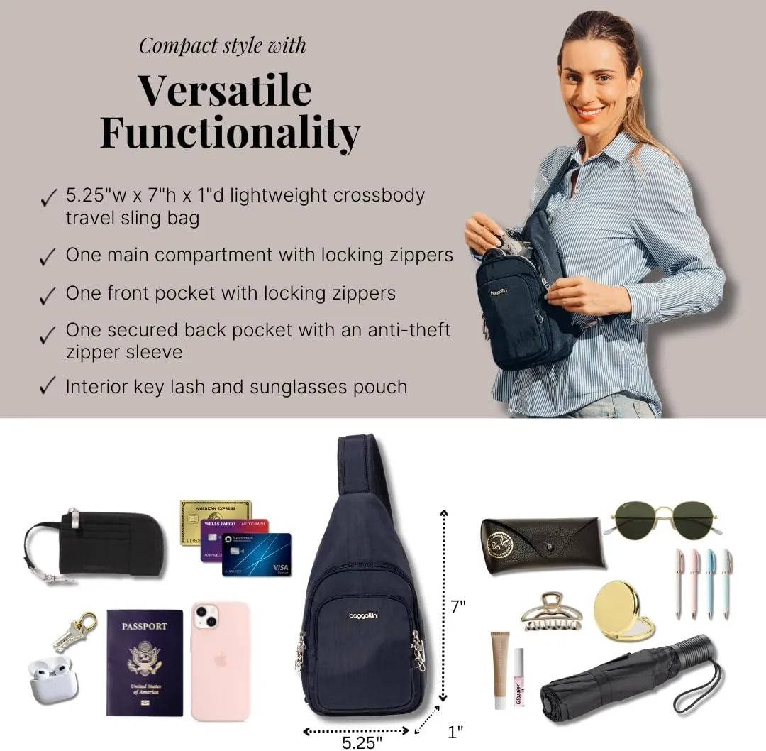 Baggallini Anti-Theft Daytripper Sling 7x12 Crossbody Travel Safe Bag W/Securtex Locking Zippers, Slash-Resistant & RFID