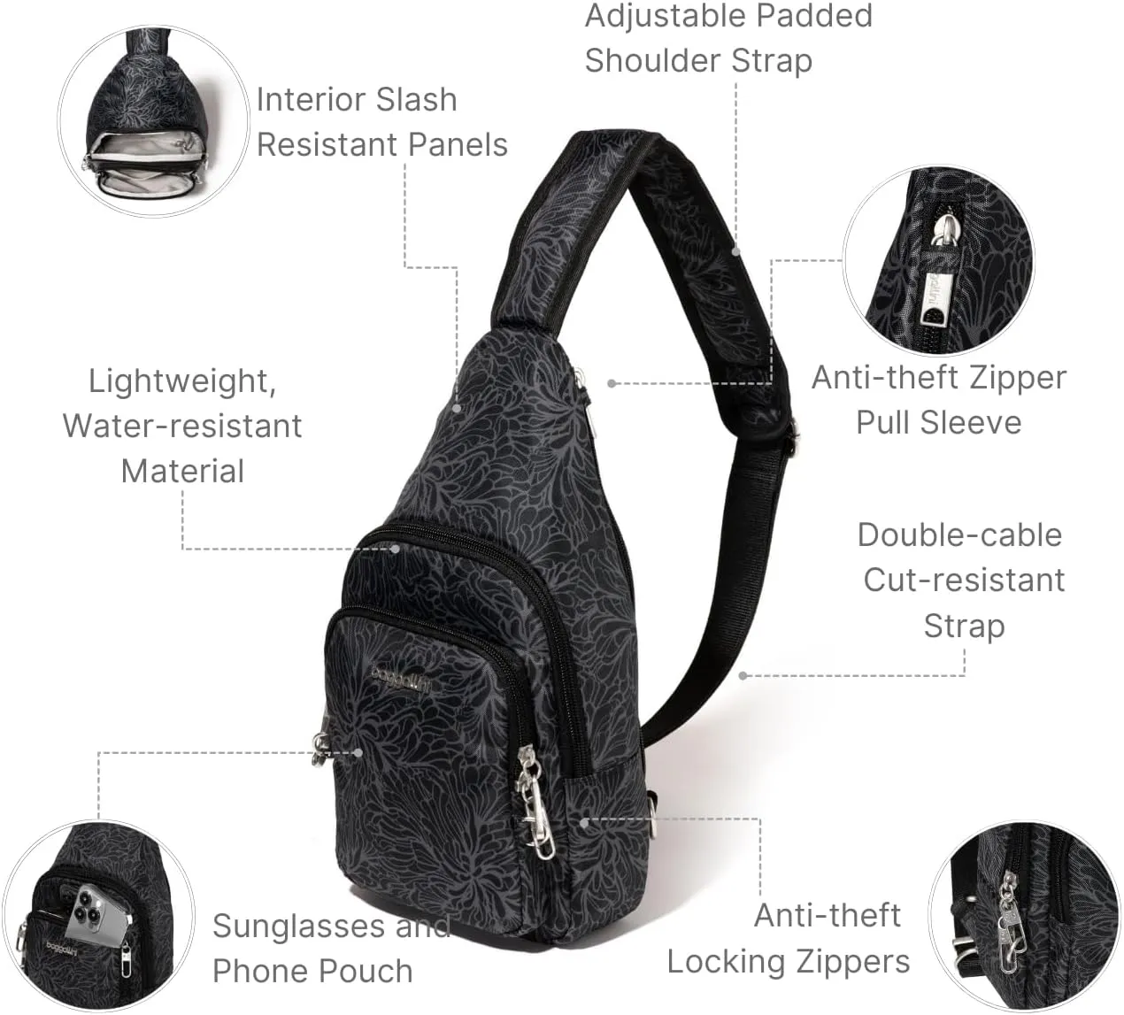 Baggallini Anti-Theft Daytripper Sling 7x12 Crossbody Travel Safe Bag W/Securtex Locking Zippers, Slash-Resistant & RFID