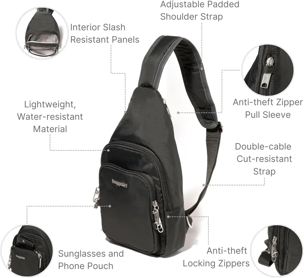 Baggallini Anti-Theft Daytripper Sling 7x12 Crossbody Travel Safe Bag W/Securtex Locking Zippers, Slash-Resistant & RFID