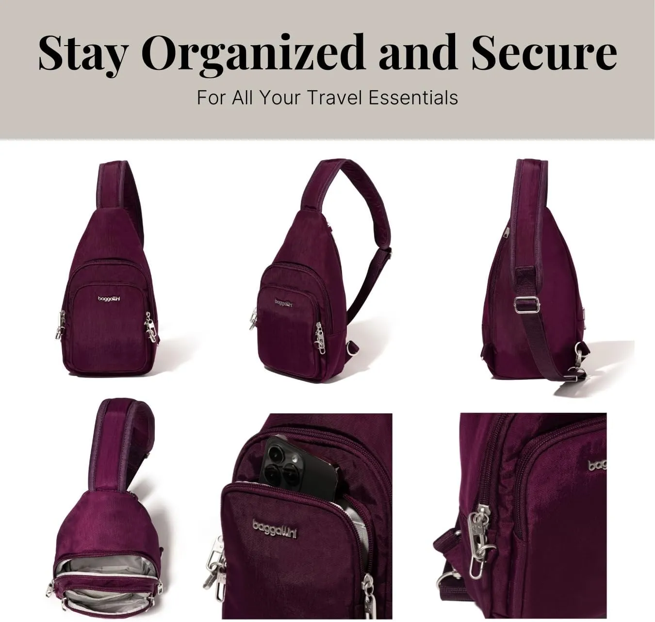 Baggallini Anti-Theft Daytripper Sling 7x12 Crossbody Travel Safe Bag W/Securtex Locking Zippers, Slash-Resistant & RFID
