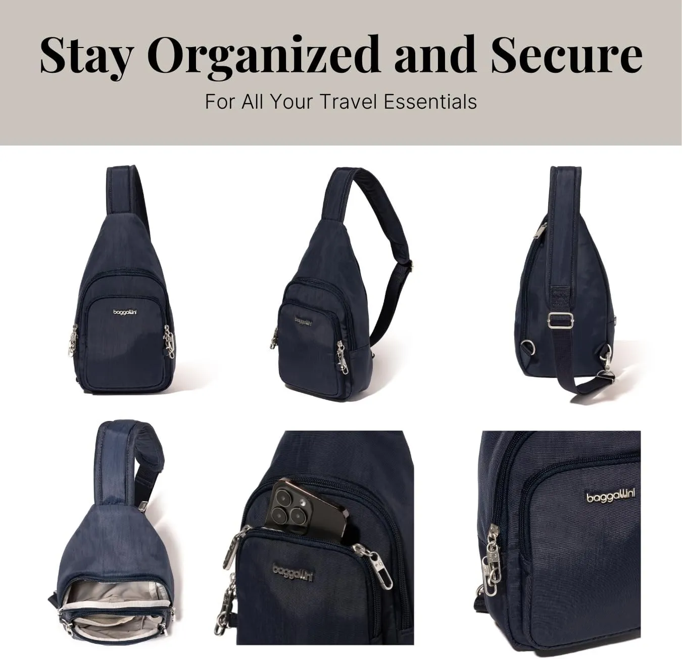 Baggallini Anti-Theft Daytripper Sling 7x12 Crossbody Travel Safe Bag W/Securtex Locking Zippers, Slash-Resistant & RFID