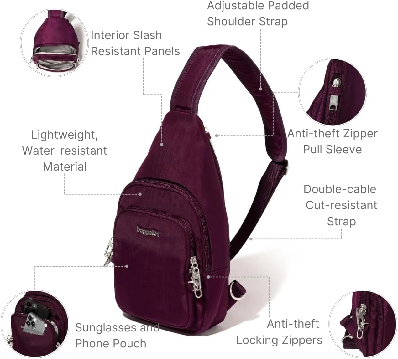 Baggallini Anti-Theft Daytripper Sling 7x12 Crossbody Travel Safe Bag W/Securtex Locking Zippers, Slash-Resistant & RFID