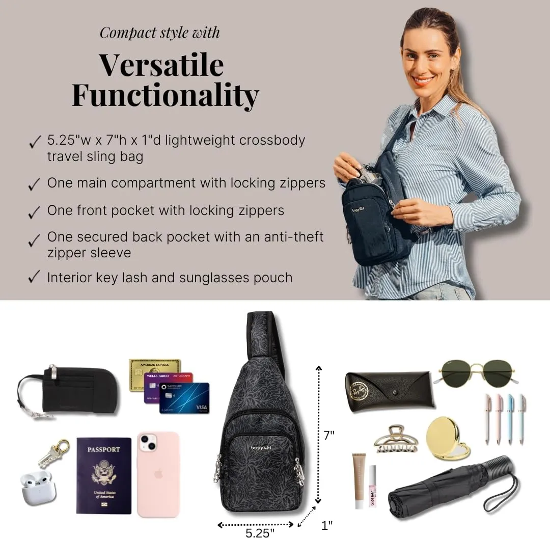 Baggallini Anti-Theft Daytripper Sling 7x12 Crossbody Travel Safe Bag W/Securtex Locking Zippers, Slash-Resistant & RFID