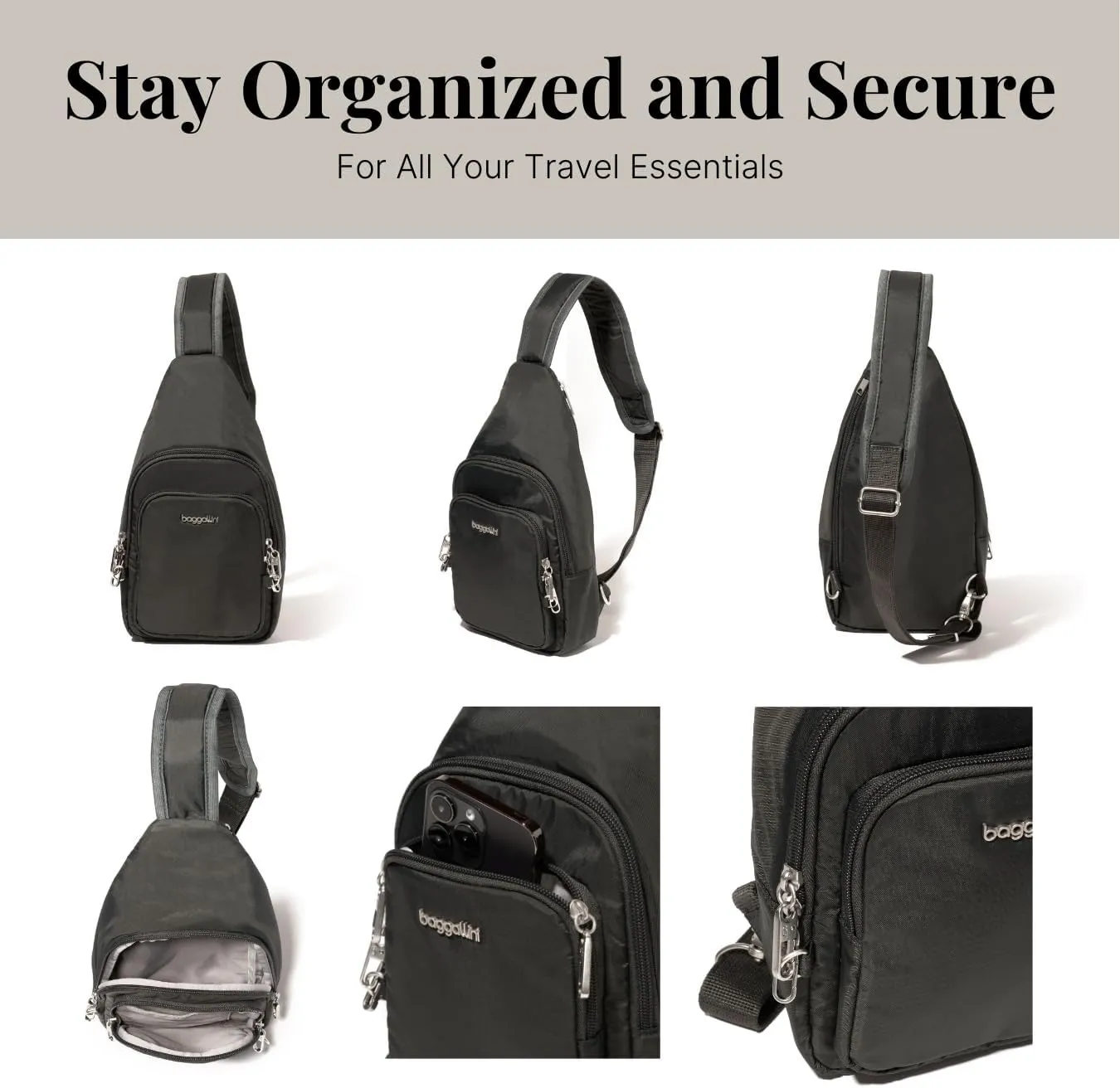 Baggallini Anti-Theft Daytripper Sling 7x12 Crossbody Travel Safe Bag W/Securtex Locking Zippers, Slash-Resistant & RFID