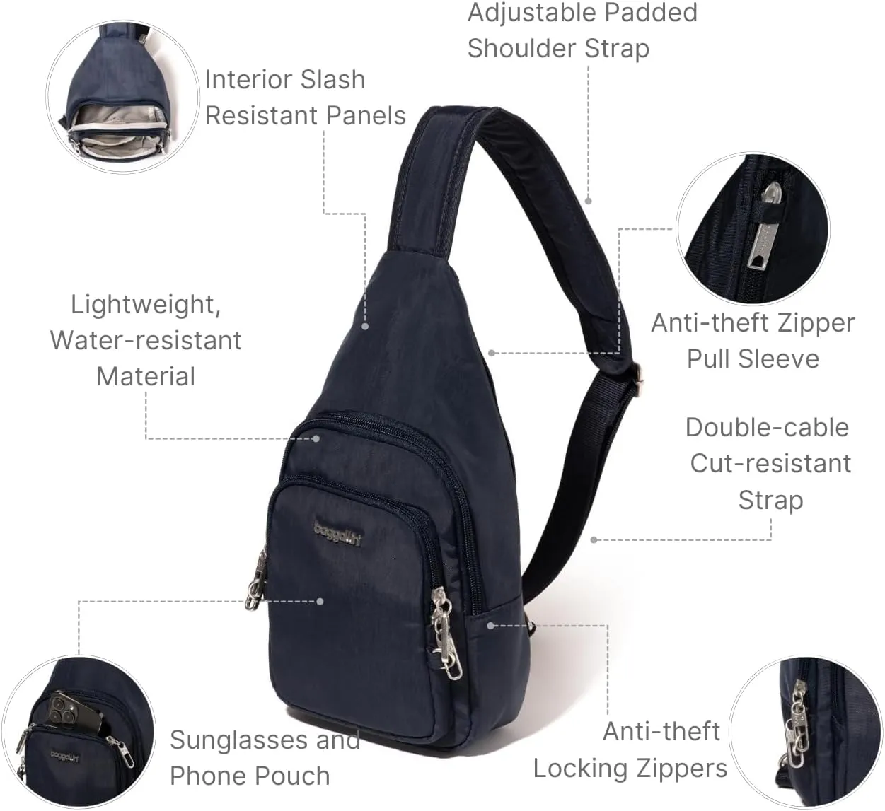 Baggallini Anti-Theft Daytripper Sling 7x12 Crossbody Travel Safe Bag W/Securtex Locking Zippers, Slash-Resistant & RFID