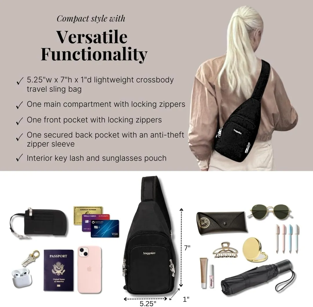 Baggallini Anti-Theft Daytripper Sling 7x12 Crossbody Travel Safe Bag W/Securtex Locking Zippers, Slash-Resistant & RFID