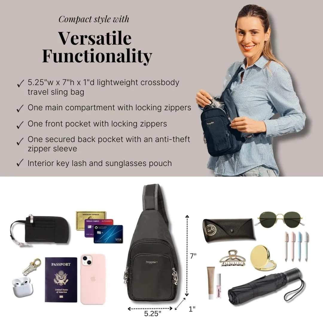Baggallini Anti-Theft Daytripper Sling 7x12 Crossbody Travel Safe Bag W/Securtex Locking Zippers, Slash-Resistant & RFID