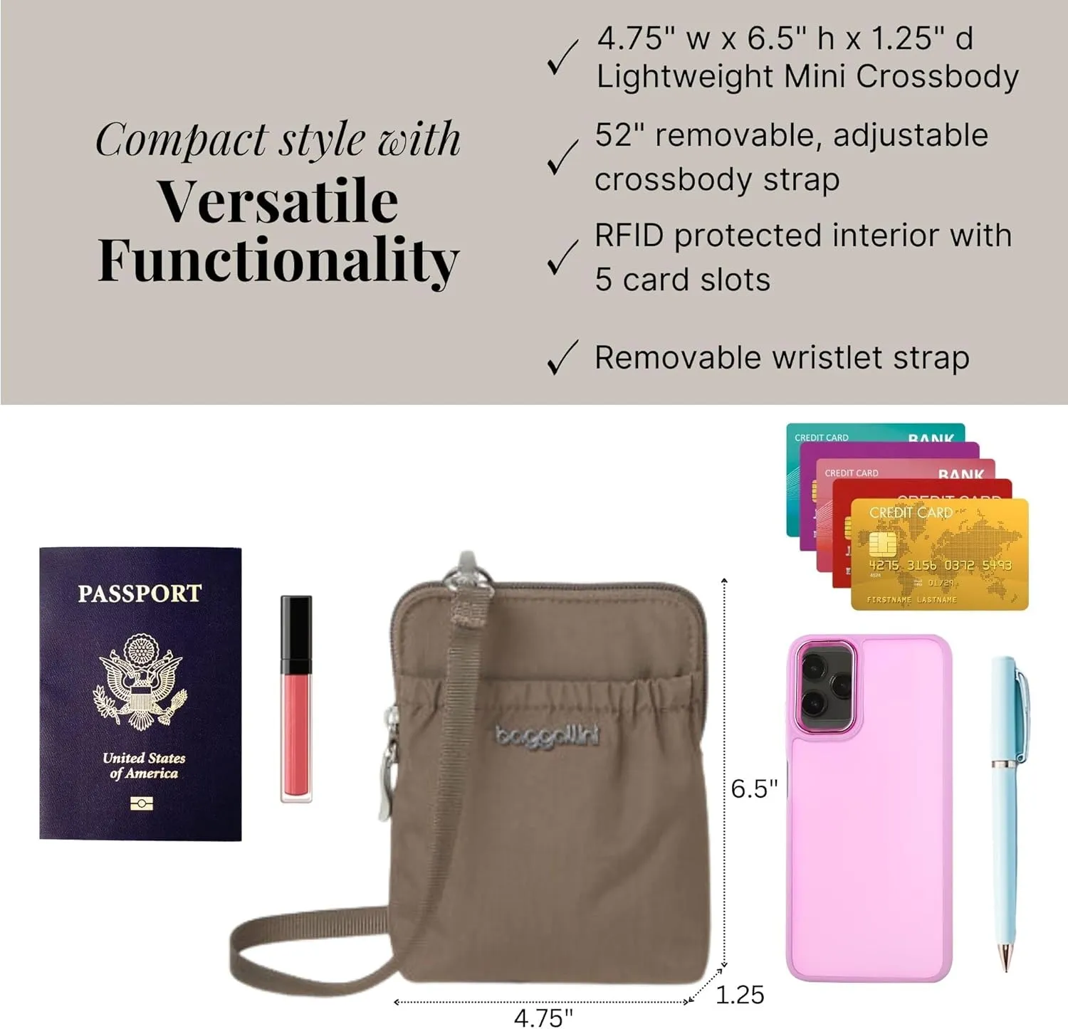 Baggallini Bryant Pouch Small Crossbody Bag for Women - Phone Purse with Crossbody Strap - Lightweight Crossbody Pouch