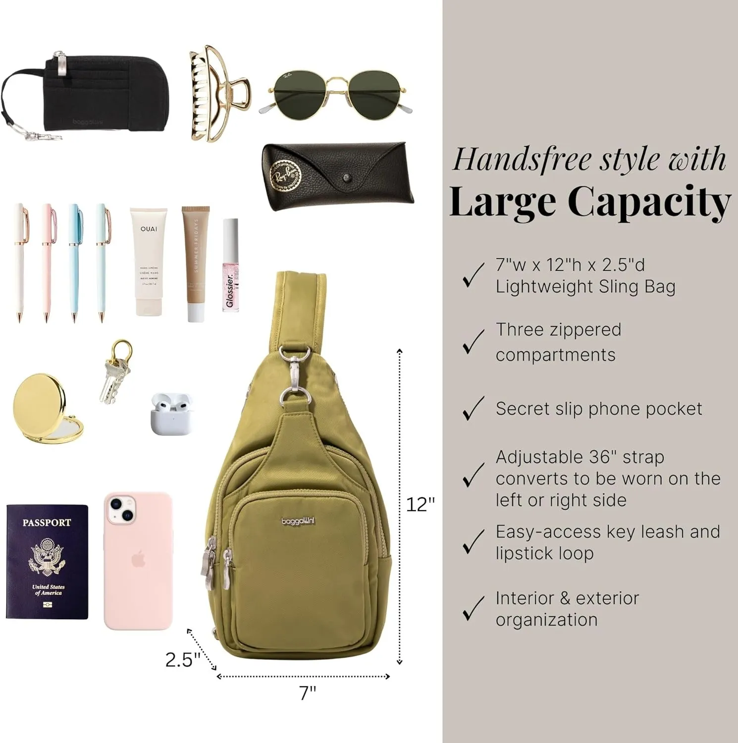 Baggallini Central Park Sling-12x7 Sling Crossbody Bag with Convertible Adjustable Shoulder Strap
