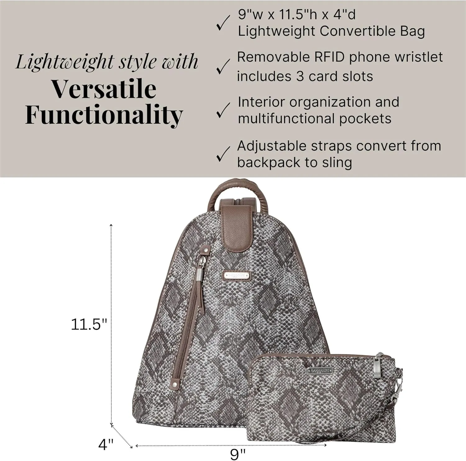 Baggallini Metro Backpack with RFID Phone Wristlet - 9x11 Convertible Sling Bag for Women with Adjustable Shoulder Straps