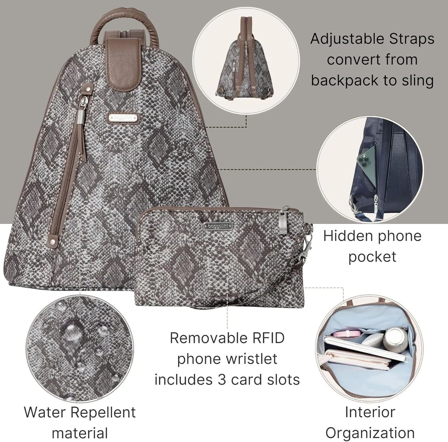 Baggallini Metro Backpack with RFID Phone Wristlet - 9x11 Convertible Sling Bag for Women with Adjustable Shoulder Straps