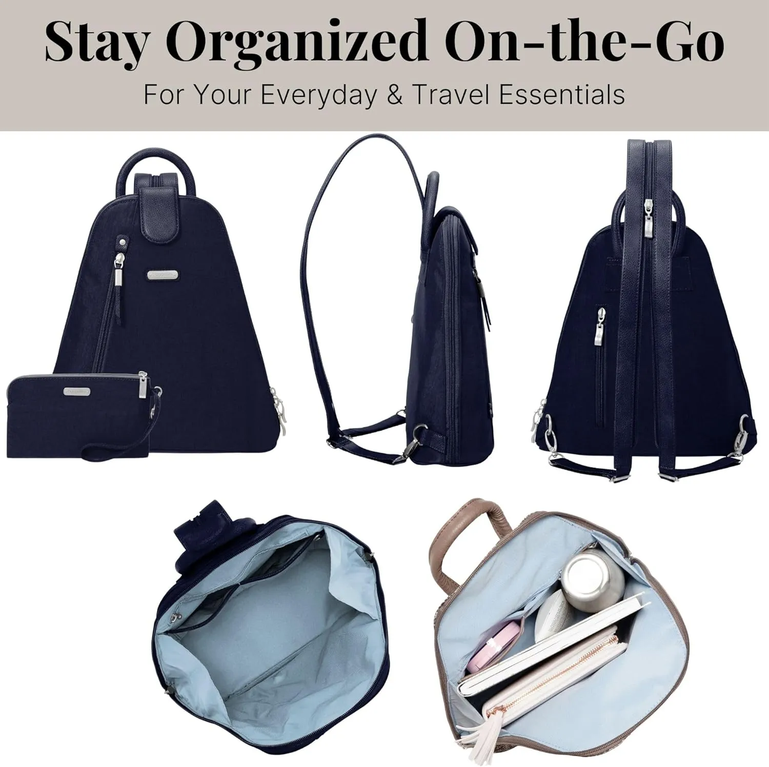 Baggallini Metro Backpack with RFID Phone Wristlet - 9x11" Convertible Sling Bag for Women with Adjustable Shoulder Straps