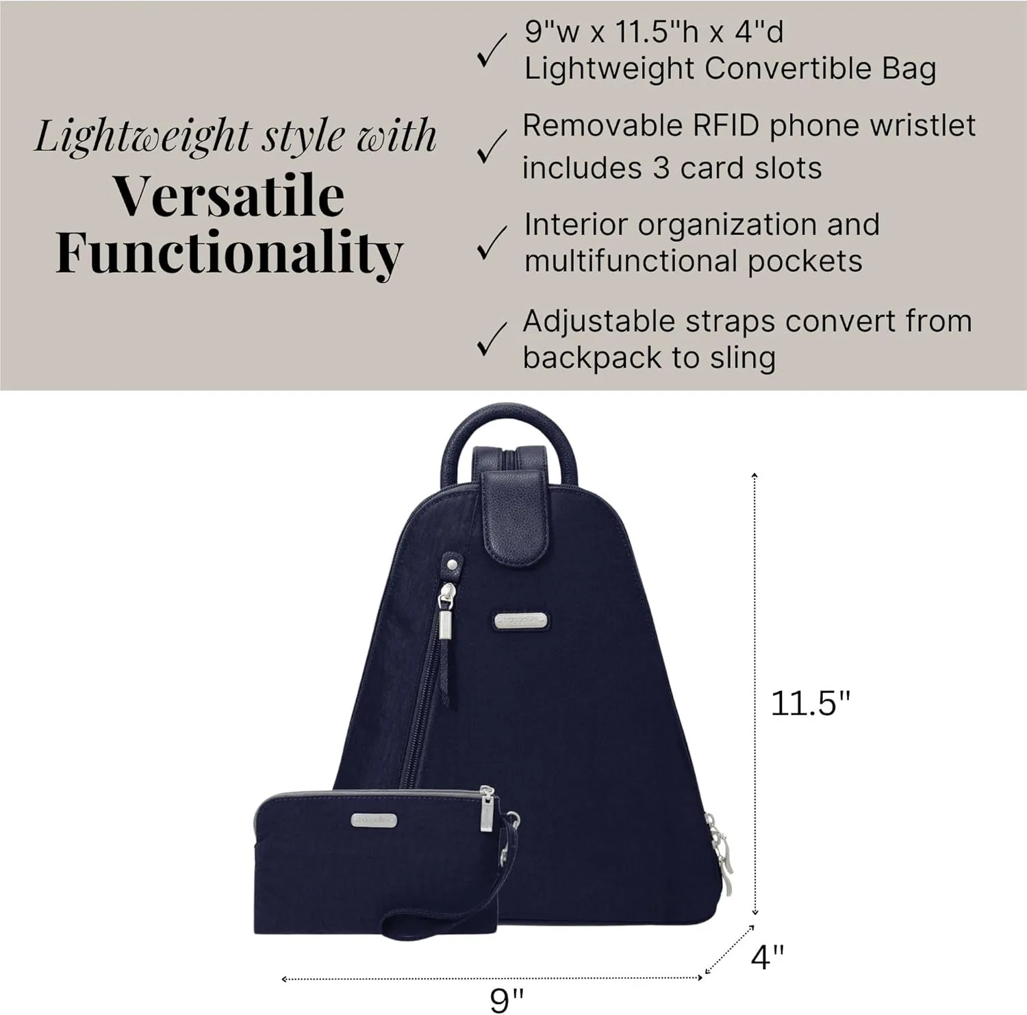 Baggallini Metro Backpack with RFID Phone Wristlet - 9x11" Convertible Sling Bag for Women with Adjustable Shoulder Straps