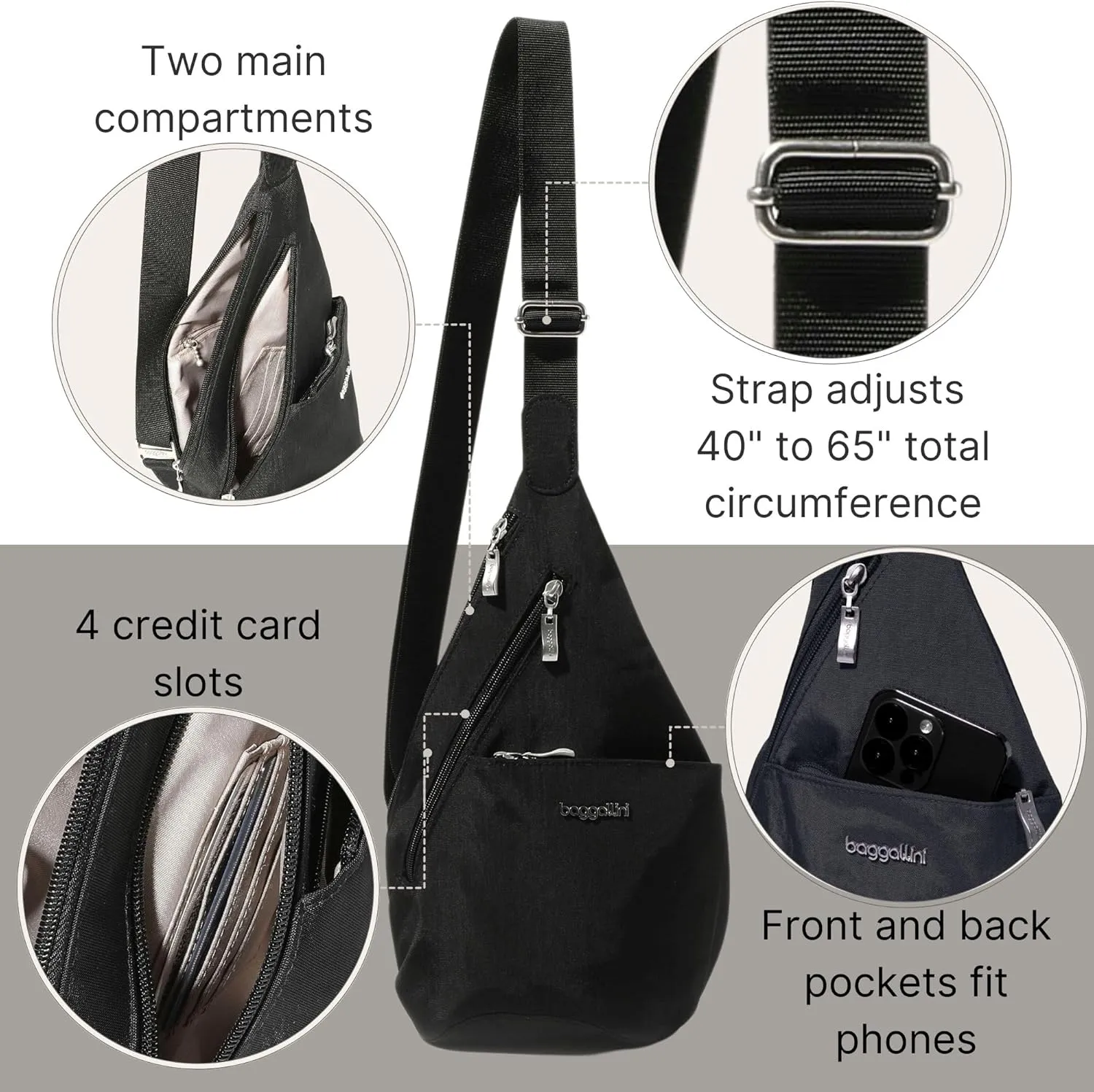 Baggallini Mini Sling - 12x7 Sling Crossbody Bag Backpack with Adjustable Shoulder Strap
