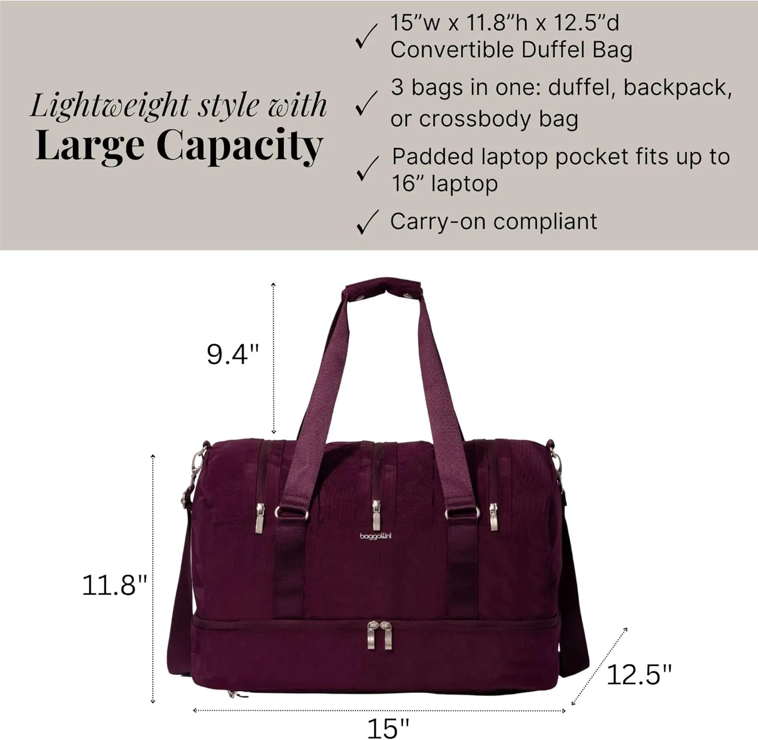 Baggallini Multizip Convertible Duffel