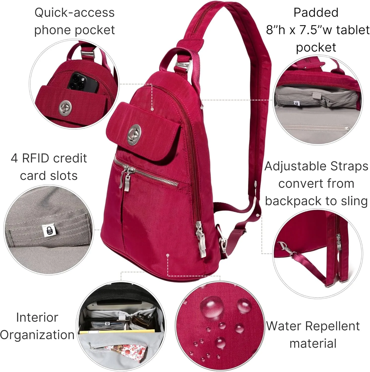 Baggallini Naples Convertible Small Daypack Sling Crossbody, Beet Red