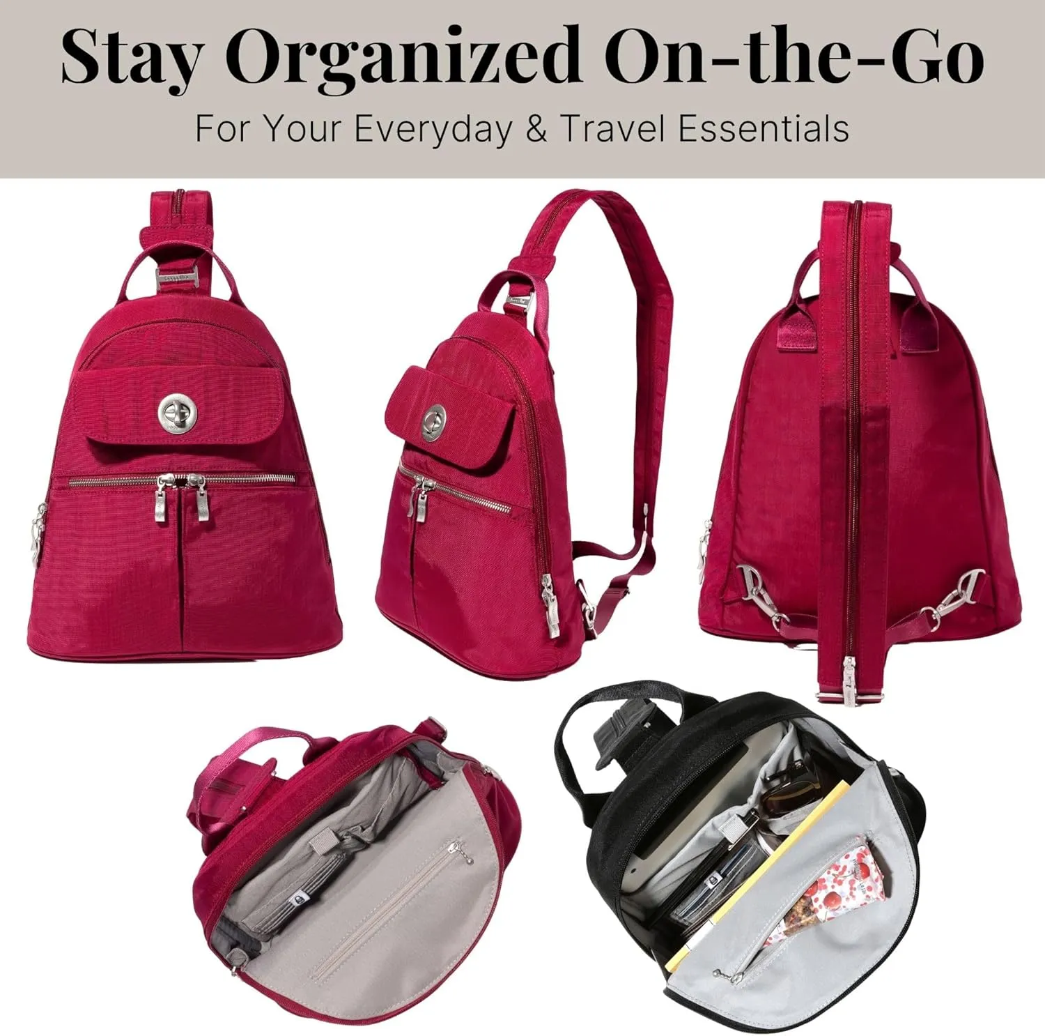 Baggallini Naples Convertible Small Daypack Sling Crossbody, Beet Red