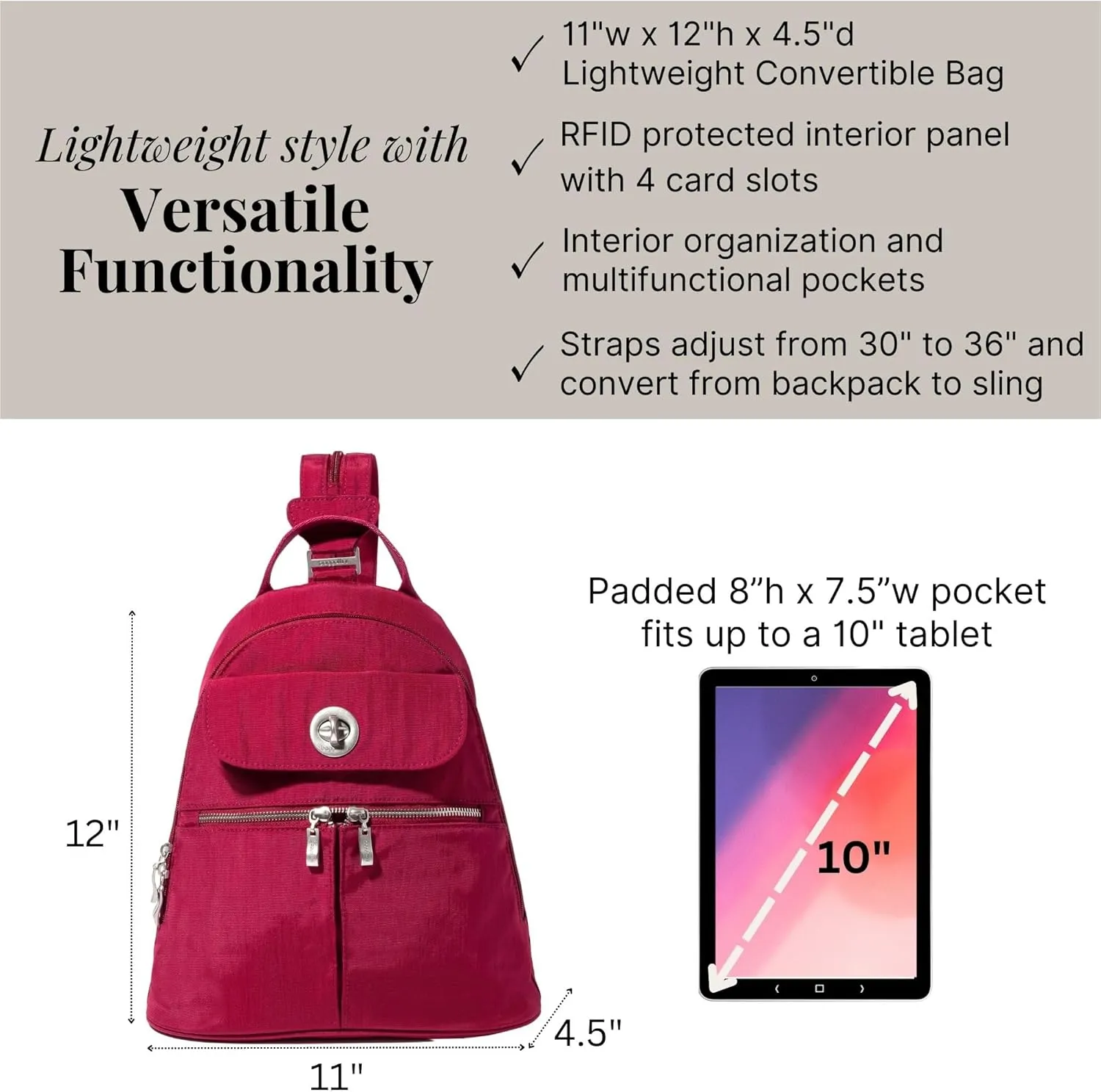 Baggallini Naples Convertible Small Daypack Sling Crossbody, Beet Red